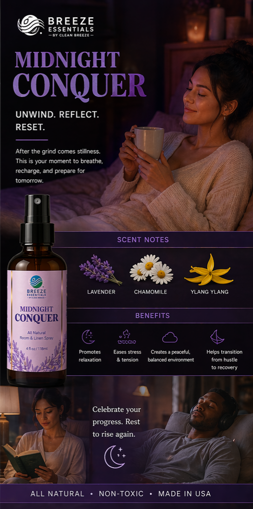 Midnight Conquer Room & Linen Spray 4oz - Aromatic, Soothing, and Relaxing Linen Spray for Bedding, Laundry and Fabric Spray Freshener, Perfect spray to end the day- Infused with Lavender Aromatherapy Essential Oils