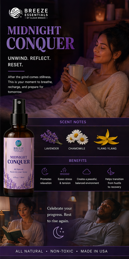 Midnight Conquer Room & Linen Spray 4oz - Aromatic, Soothing, and Relaxing Linen Spray for Bedding, Laundry and Fabric Spray Freshener, Perfect spray to end the day- Infused with Lavender Aromatherapy Essential Oils