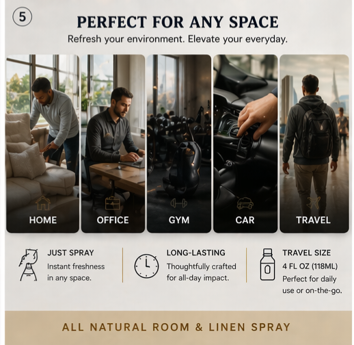 The Grind Room & Linen Spray 4oz -Active Odor Eliminator Spray, Furniture Deodorizer Spray & Bathroom Odor Eliminator for Home and office - Essential Oil Infused