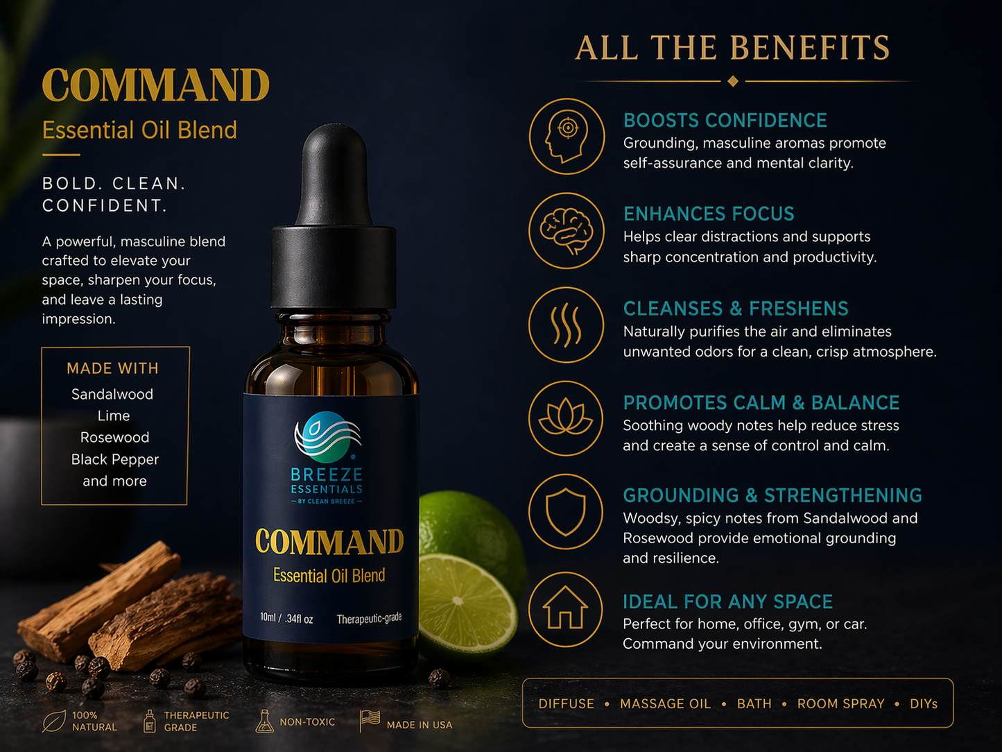 Command Essential Oils Blend 10ml Dropper- Essential masculine Oil Gift,Premium Essential Oil for Diffusers, Home Care, Fragrance, Humidifiers