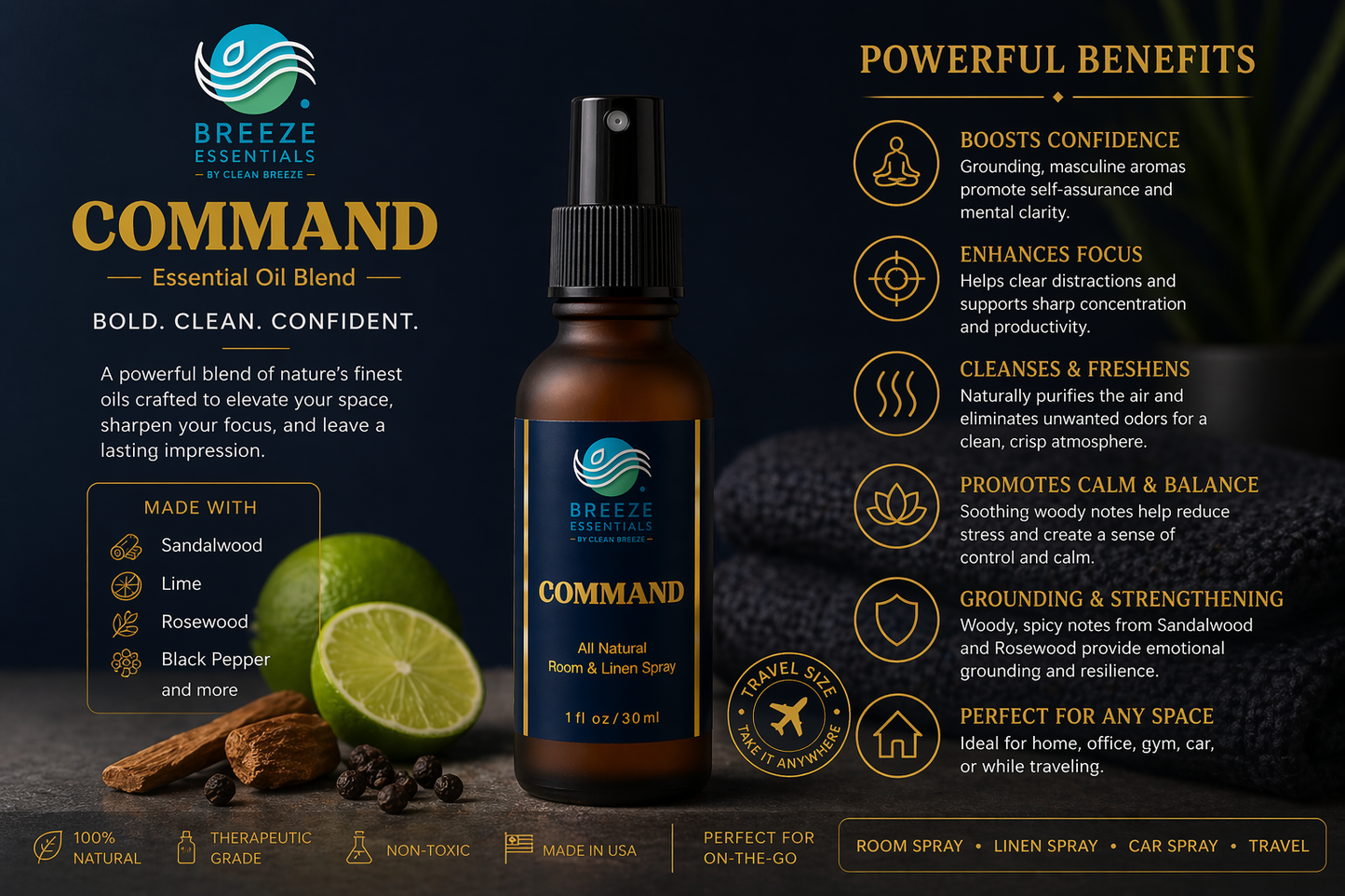 Command Room & Linen Spray -Masculine Home Fragrance , Air Freshener, Fabric Freshener, Car Spray, Room Freshener, Luxury Room Spray - 1oz Blend with Aromatherapy Essential Oils