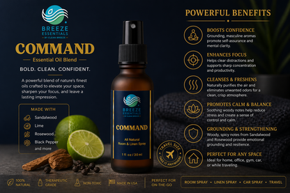 Command Room & Linen Spray -Masculine Home Fragrance , Air Freshener, Fabric Freshener, Car Spray, Room Freshener, Luxury Room Spray - 1oz Blend with Aromatherapy Essential Oils
