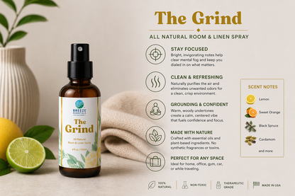 The Grind Room & Linen Spray 4oz -Active Odor Eliminator Spray, Furniture Deodorizer Spray & Bathroom Odor Eliminator for Home and office - Essential Oil Infused
